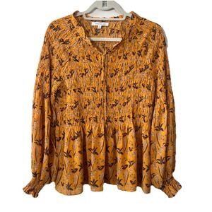 Rose + Olive Smocked Blouse Women M Floral Natural Pleat Balloon Sleeve Boho EUC